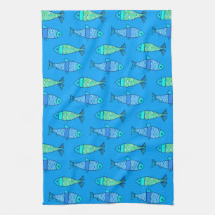 Retro Modern Fish, Turquoise and Cerulean Blue Tea Towel