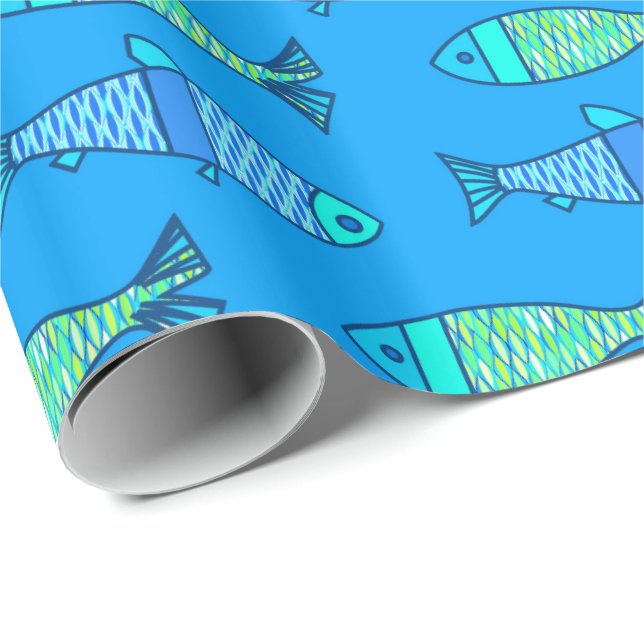 Retro Modern Fish, Turquoise and Cerulean Blue Wrapping Paper (Roll Corner)