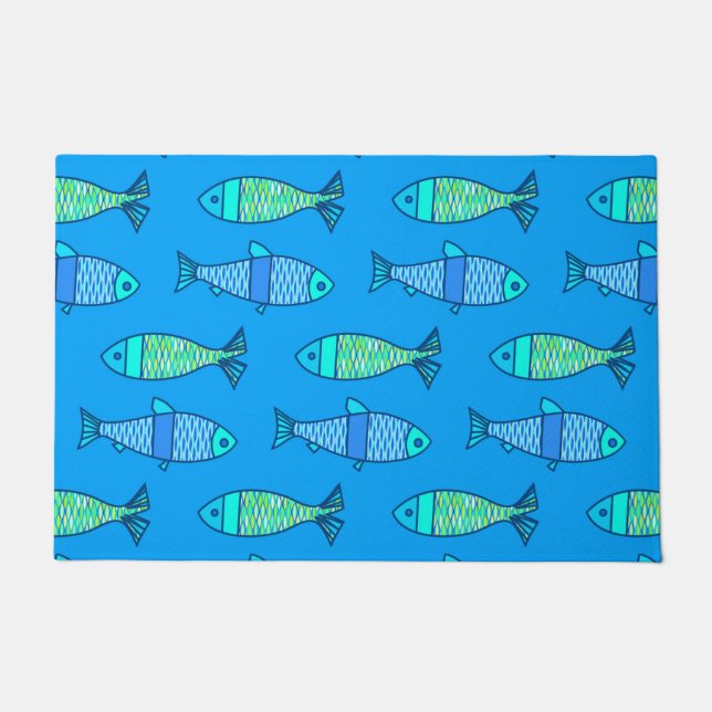 Retro Modern Fish, Turquoise & Cerulean Blue Doormat (Front)