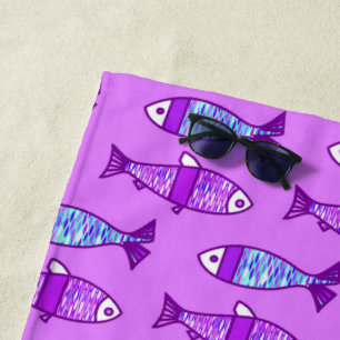 Retro Modern Fish, Violet, and Amethyst Purple Beach Towel