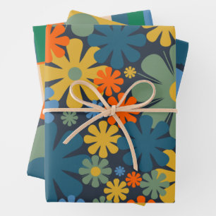 Retro Modern Floral Geometric Patterns Wrapping Paper Sheet