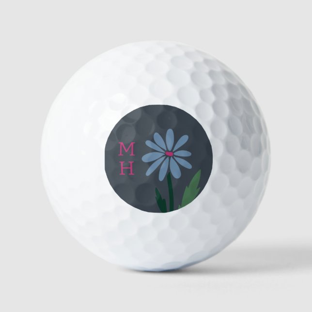 Retro Modern Floral Monogrammed Blue Daisy Golf Balls (Front)