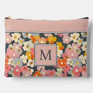 Retro Modern Floral Pink Monogram Initial Accessory Pouch
