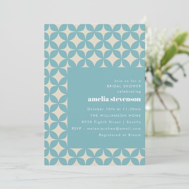 Retro Modern Geometric Pastel Blue Bridal Shower Invitation (Standing Front)