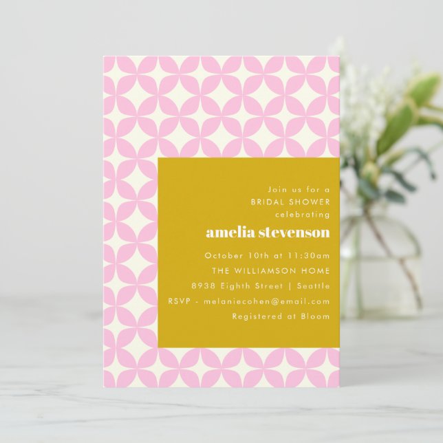 Retro Modern Geometric Pink Yellow Bridal Shower Invitation (Standing Front)