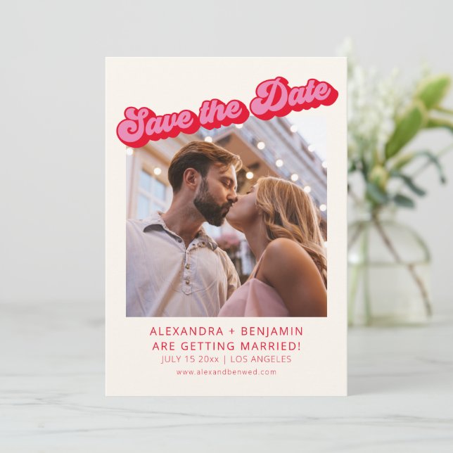 Retro Modern Groovy Bold Pink Red 2 Photo  Save The Date (Standing Front)