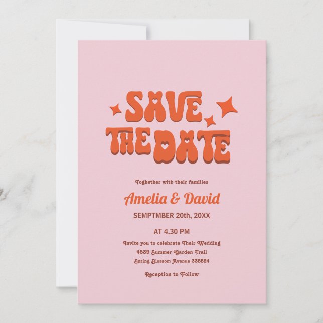 retro modern groovy pink,orange wedding invitation (Front)
