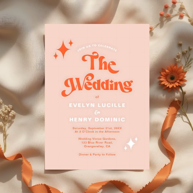 Retro Modern Groovy Script Soft Orange Wedding Invitation (Creator Uploaded)