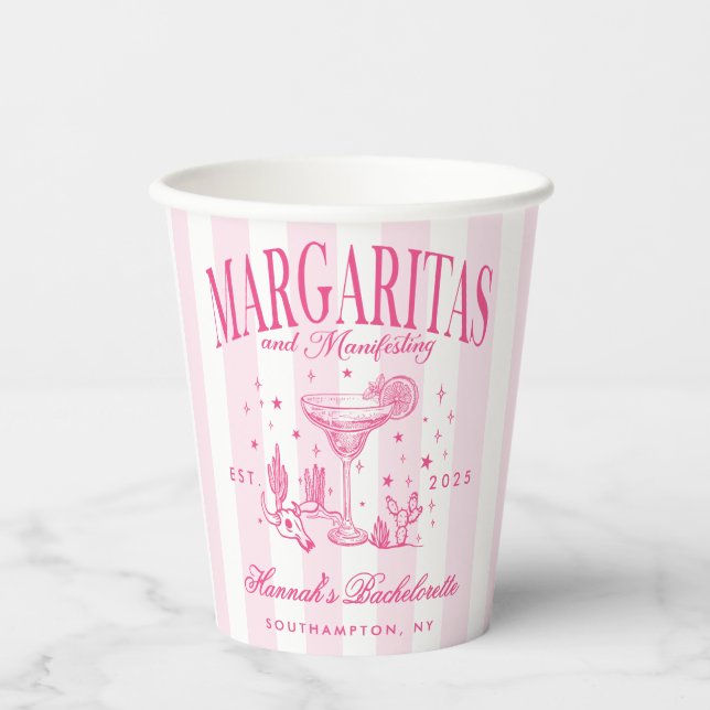 Retro Modern Margaritas and Matrimony Striped Bach Paper Cups (Front)