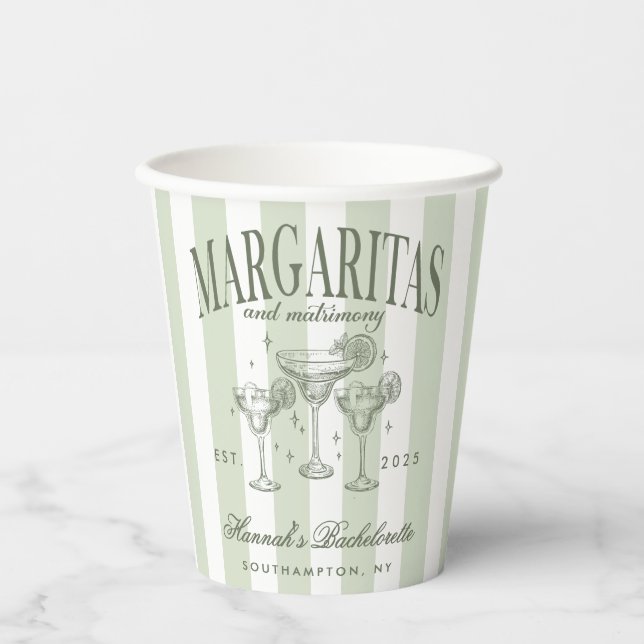 Retro Modern Margaritas and Matrimony Striped Bach Paper Cups (Front)