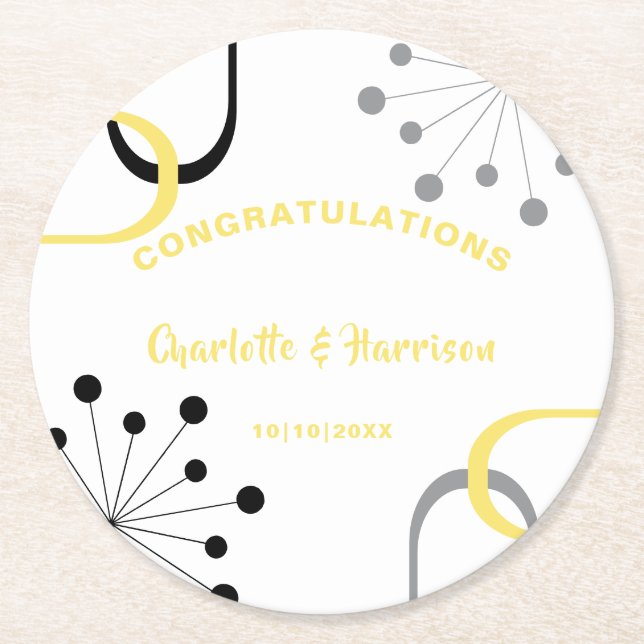 Retro Modern Mid Century Atomic Starburst Wedding Round Paper Coaster (Front)
