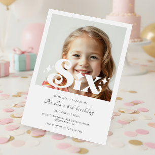 Retro Modern Minimalist 6th Birthday Photo Invitation