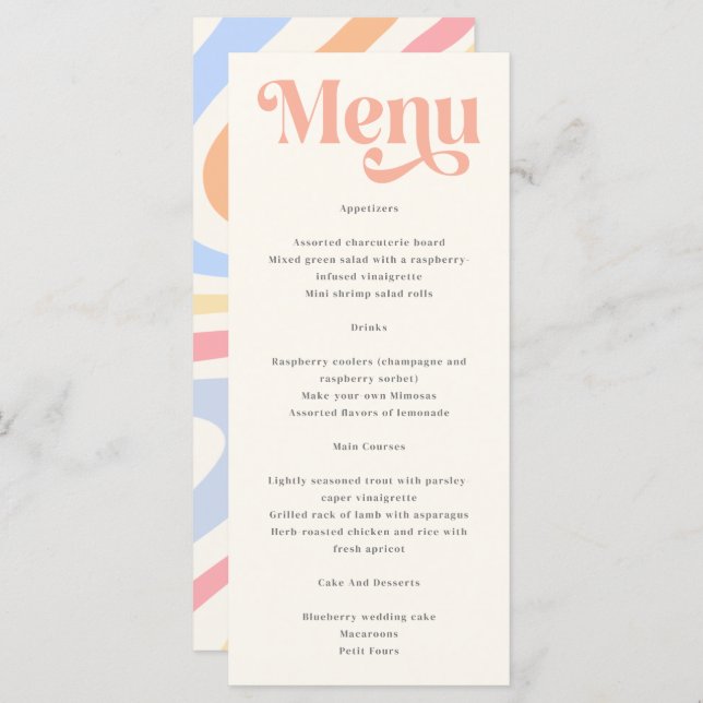Retro Modern Minimalist Pastel Summer Wedding Menu (Front/Back)