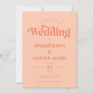 Retro Modern Minimalist Peach and Blue Wedding Invitation