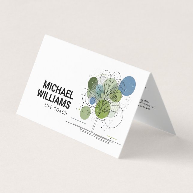 Retro Modern Minimalist Tree Life Coach Blue/Green Business Card (Front)