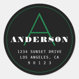 Retro-Modern Monogram Address   Black Green White Classic Round Sticker
