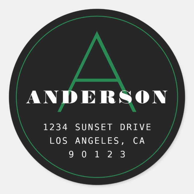 Retro-Modern Monogram Address | Black Green White Classic Round Sticker (Front)