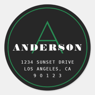 Retro-Modern Monogram Address   Black Green White Classic Round Sticker