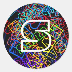Retro-Modern Name & Monogram Bright Colours & Blac Classic Round Sticker