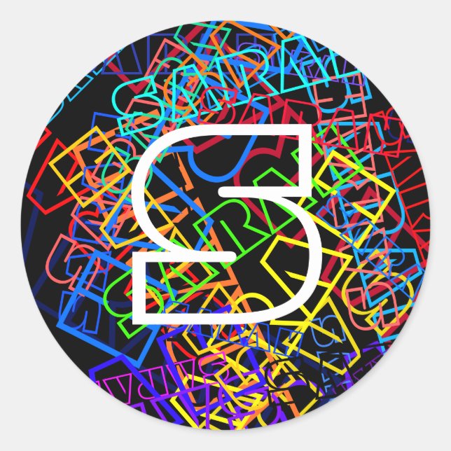 Retro-Modern Name & Monogram Bright Colours & Blac Classic Round Sticker (Front)