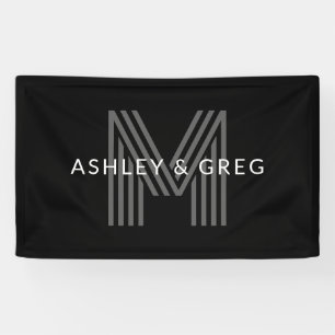 Retro Modern Name/s Editable Monogram Black & Grey Banner