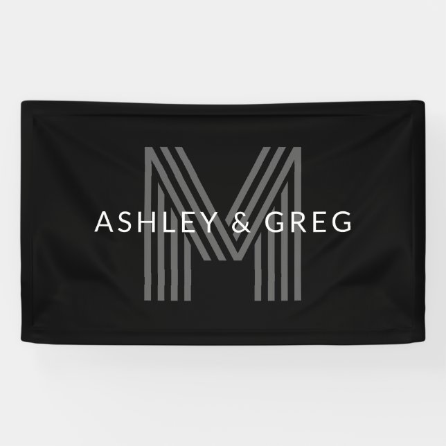 Retro Modern Name/s Editable Monogram Black & Grey Banner (Horizontal)