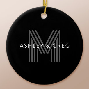 Retro Modern Name/s Editable Monogram Black & Grey Ceramic Ornament