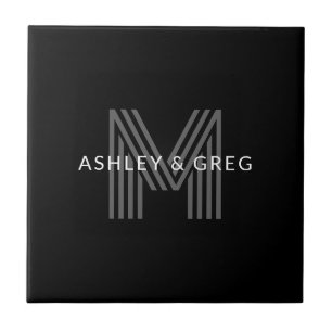 Retro Modern Name/s Editable Monogram Black & Grey Ceramic Tile