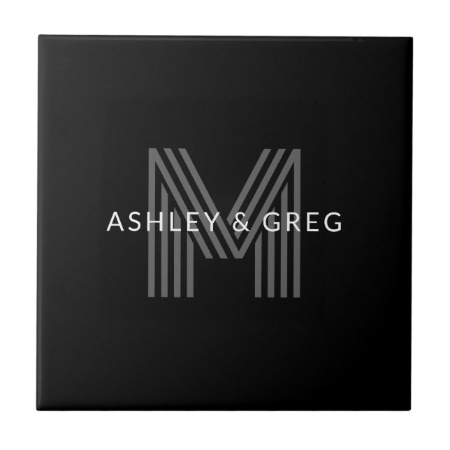 Retro Modern Name/s Editable Monogram Black & Grey Ceramic Tile (Front)