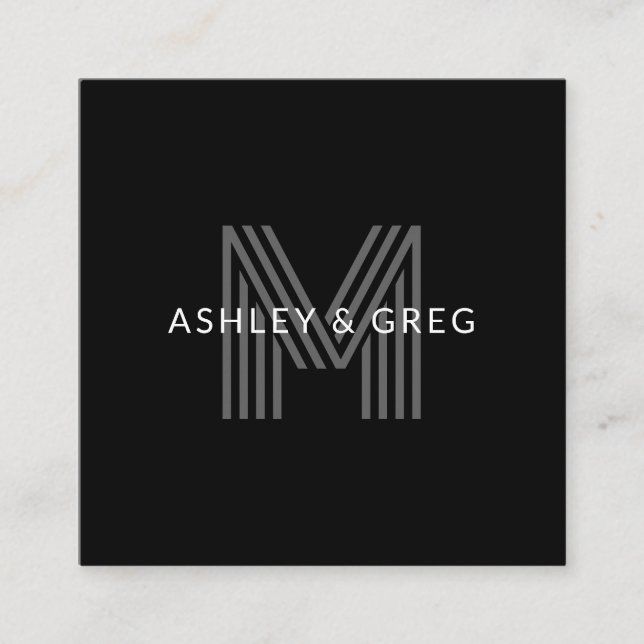 Retro Modern Name/s Editable Monogram Black & Grey Enclosure Card (Front)