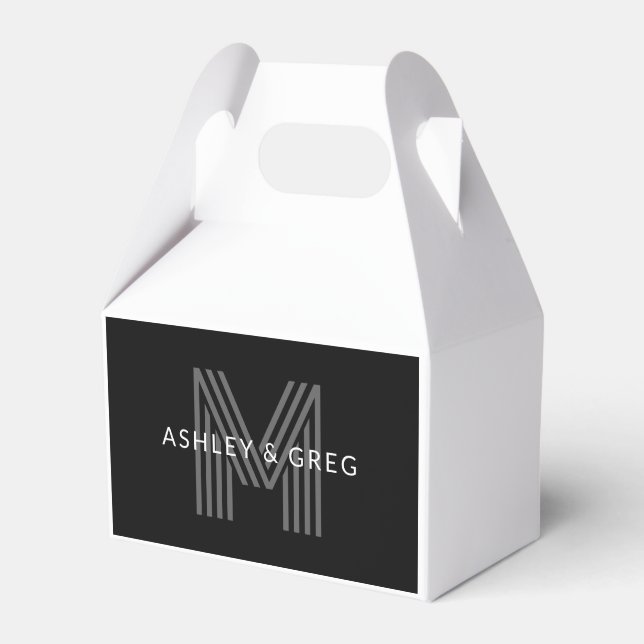 Retro Modern Name/s Editable Monogram Black & Grey Favour Box (Front Side)