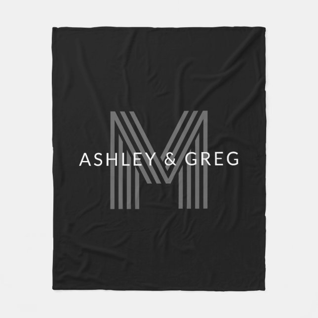 Retro Modern Name/s Editable Monogram Black & Grey Fleece Blanket (Front)