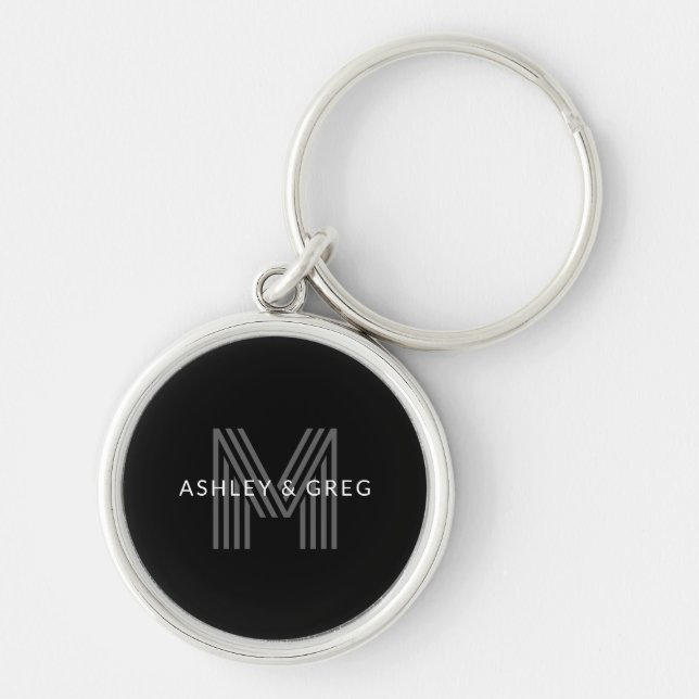 Retro Modern Name/s Editable Monogram Black & Grey Key Ring (Front)