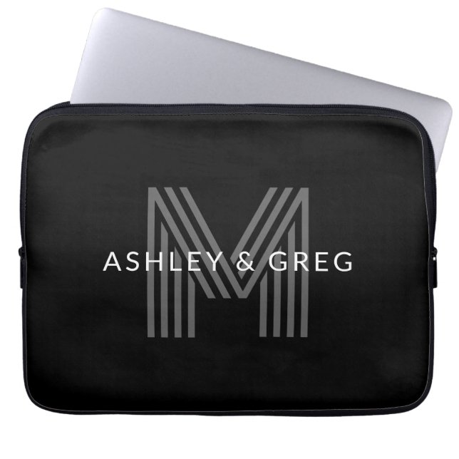 Retro Modern Name/s Editable Monogram Black & Grey Laptop Sleeve (Front)