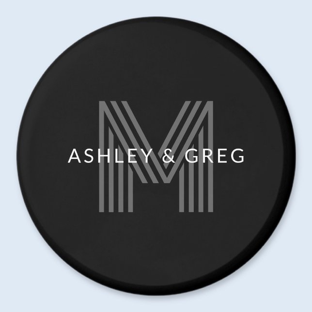 Retro Modern Name/s Editable Monogram Black & Grey Magnet (Creator Uploaded)
