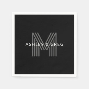 Retro Modern Name/s Editable Monogram Black & Grey Napkin