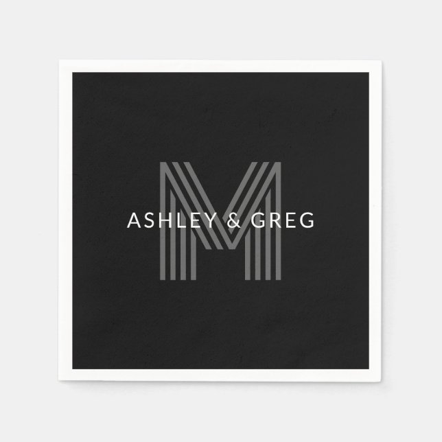 Retro Modern Name/s Editable Monogram Black & Grey Napkin (Front)