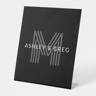 Retro Modern Name/s Editable Monogram Black & Grey Pedestal Sign