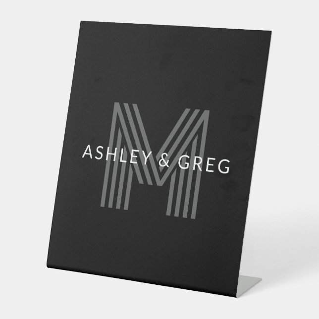 Retro Modern Name/s Editable Monogram Black & Grey Pedestal Sign (Front)