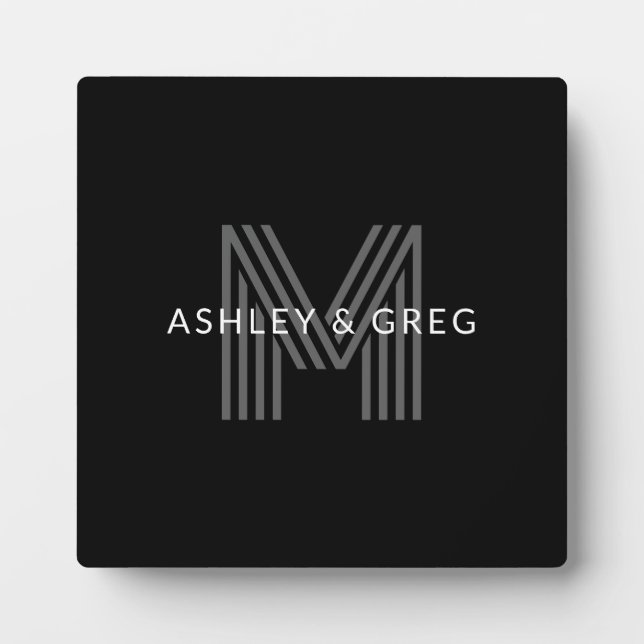 Retro Modern Name/s Editable Monogram Black & Grey Plaque (Front)