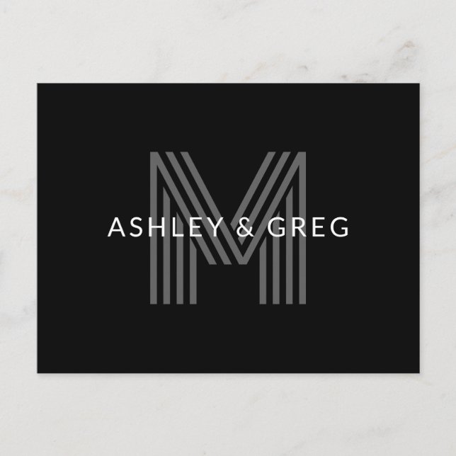Retro Modern Name/s Editable Monogram Black & Grey Postcard (Front)