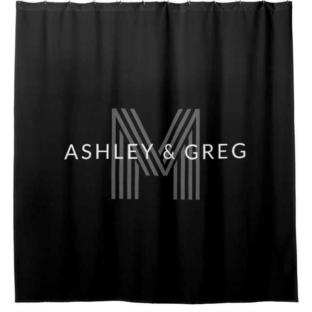 Retro Modern Name/s Editable Monogram Black & Grey Shower Curtain (Front)