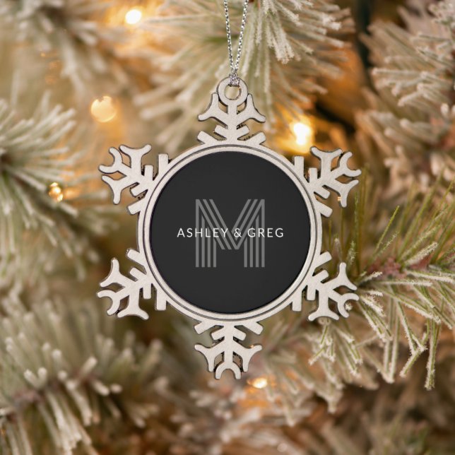 Retro Modern Name/s Editable Monogram Black & Grey Snowflake Pewter Christmas Ornament (Tree)