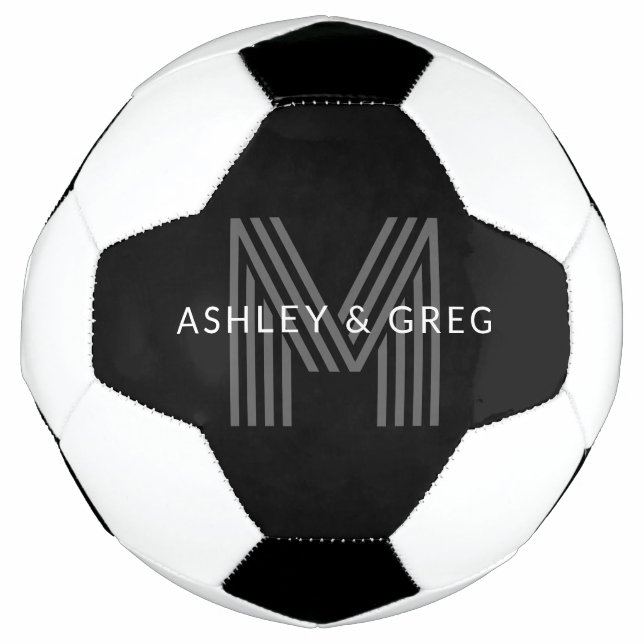 Retro Modern Name/s Editable Monogram Black & Grey Soccer Ball (Front)