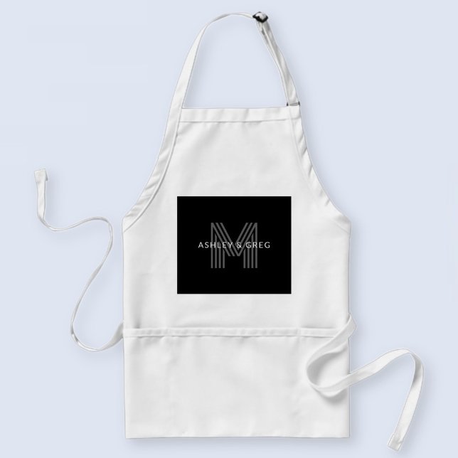 Retro Modern Name/s Editable Monogram Black & Grey Standard Apron (Creator Uploaded)