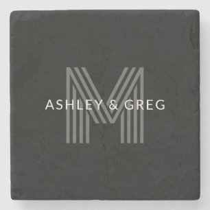 Retro Modern Name/s Editable Monogram Black & Grey Stone Coaster