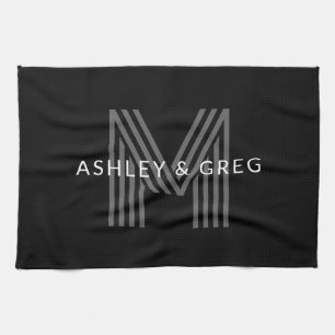 Retro Modern Name/s Editable Monogram Black & Grey Tea Towel