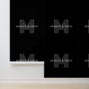 Retro Modern Name/s Editable Monogram Black & Grey Wallpaper