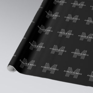Retro Modern Name/s Editable Monogram Black & Grey Wrapping Paper