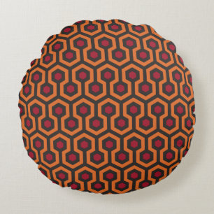 Retro Modern Orange Red Brown Hexagon Pattern Round Cushion